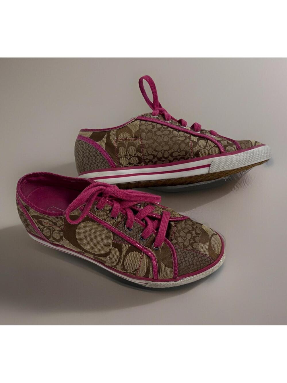 Coach Barrett Signature C Sneakers Brown Canvas Pink Trim Size 7